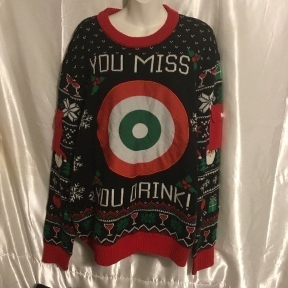 Drinking Game Ugly Christmas  Bulls Eye Sweater XL